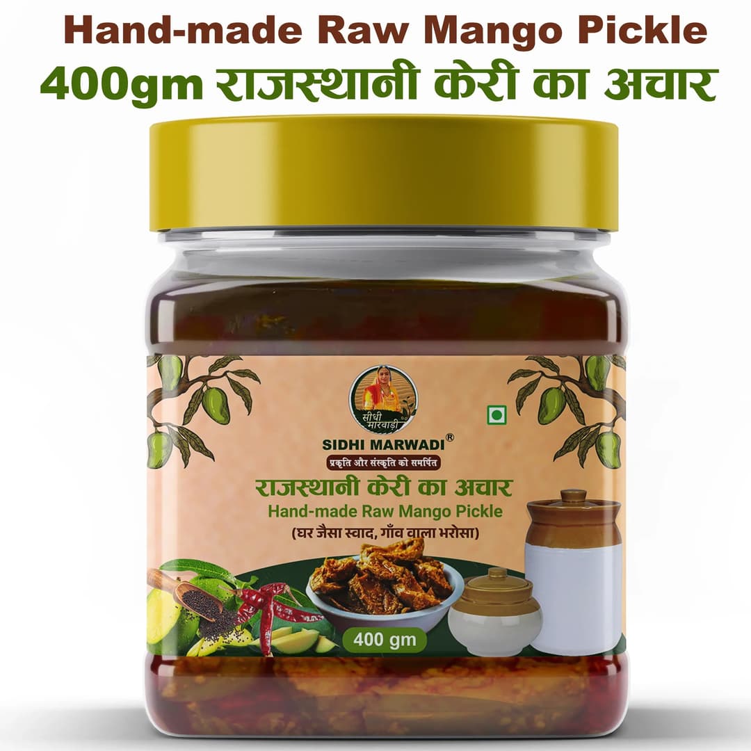 Rajasthani Keri Achar 400g jar with product name by Sidhi Marwadi