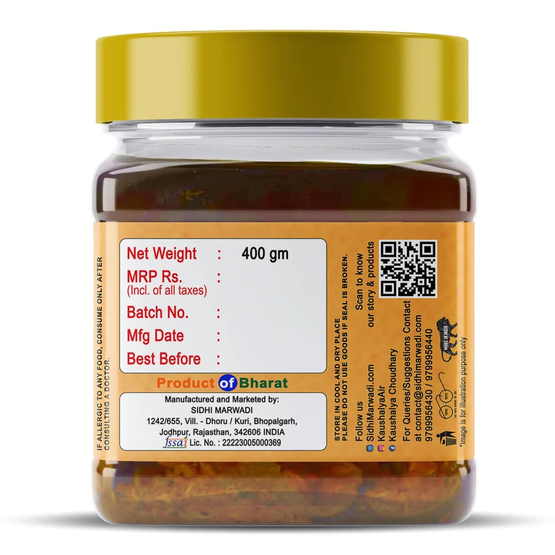 Rajasthani Lemon Pickle 400g jar fssai certificate manufactured by Sidhi Marwadi