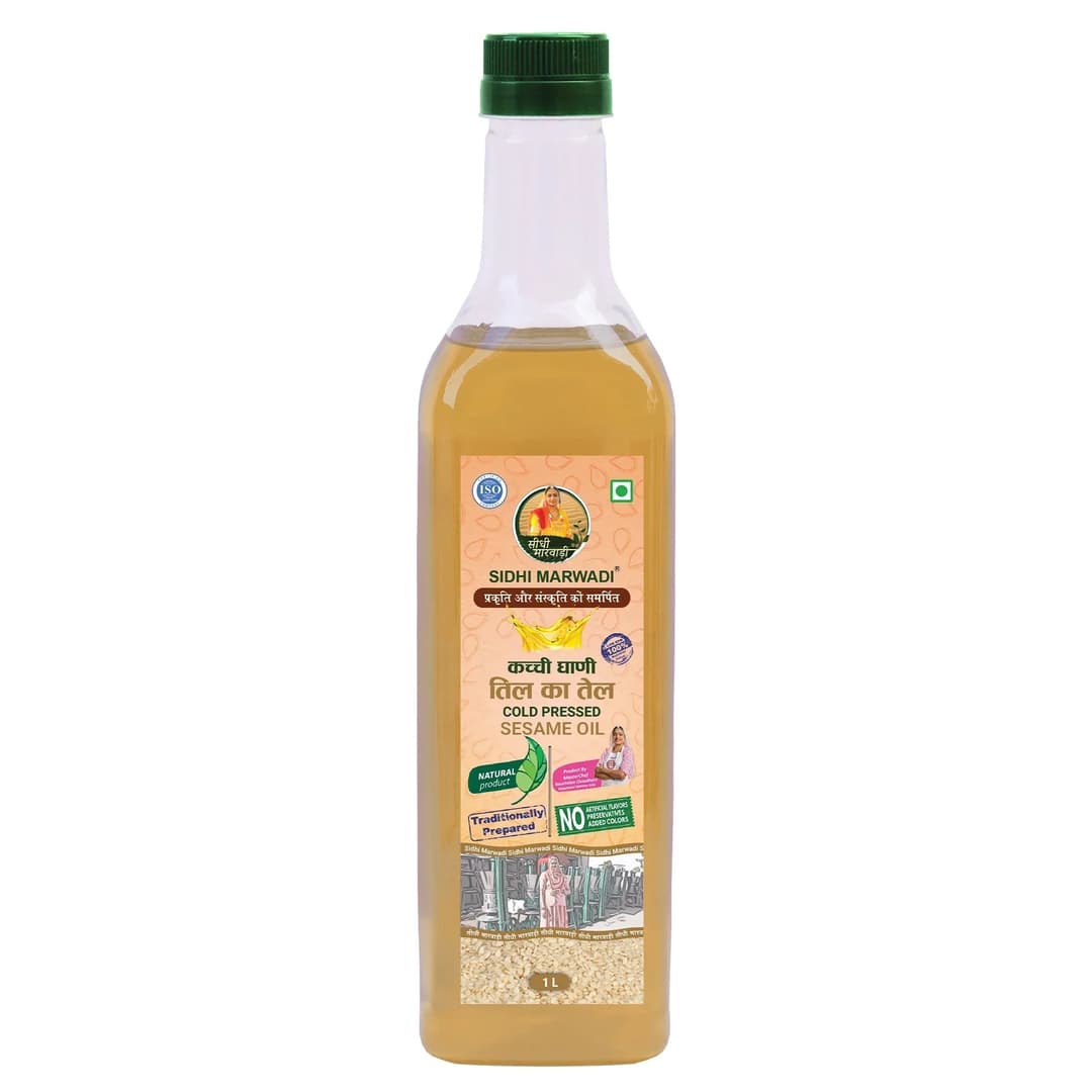 Kachchi Ghani Til Oil 1L bottle by Sidhi Marwadi