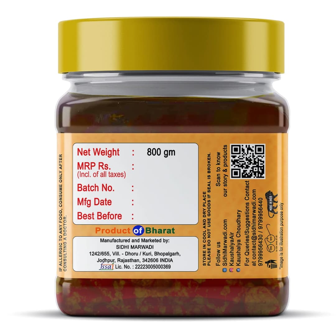 Rajasthani Red Chilli Pickle 800g jar fssai certificate manufactured by Sidhi Marwadi