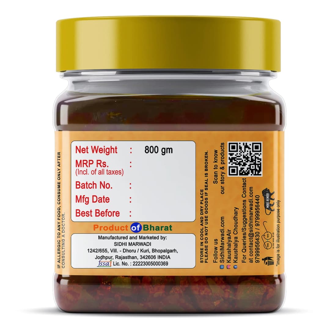 Rajasthani Green Chilli Pickle 800g jar fssai certificate manufactured by Sidhi Marwadi