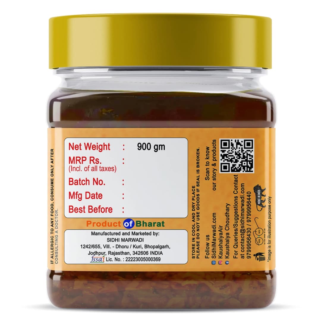 Rajasthani Turmeric Pickle 900g jar fssai certificate manufactured by Sidhi Marwadi