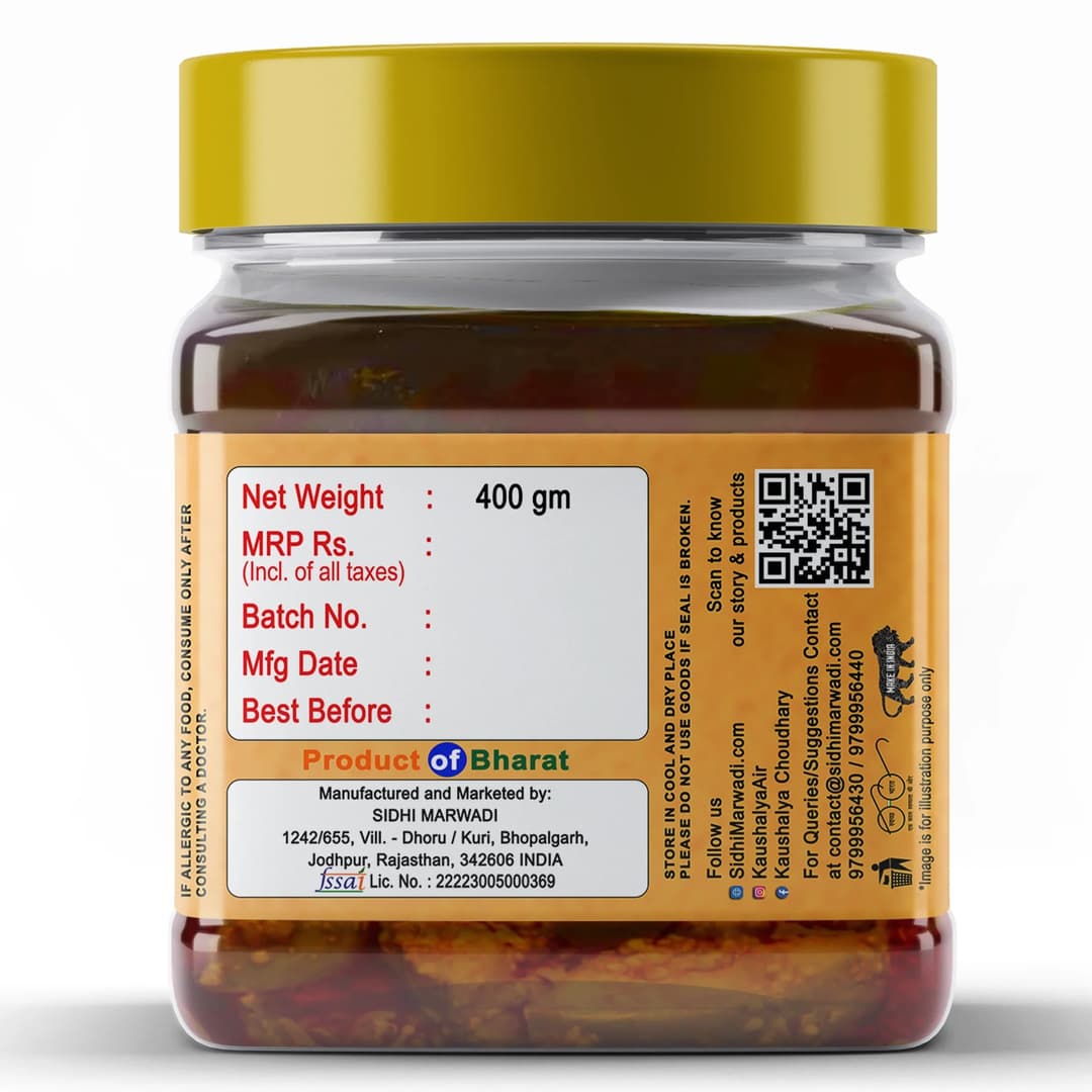 Rajasthani Keri Achar 400g jar fssai certificate manufactured by Sidhi Marwadi