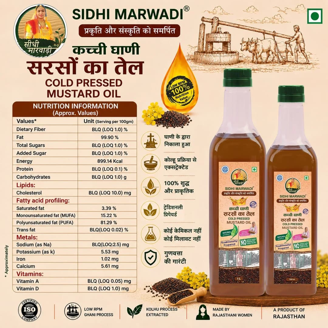Kachchi Ghani Sarson Tel 1L bottle Ingredients by Sidhi Marwadi