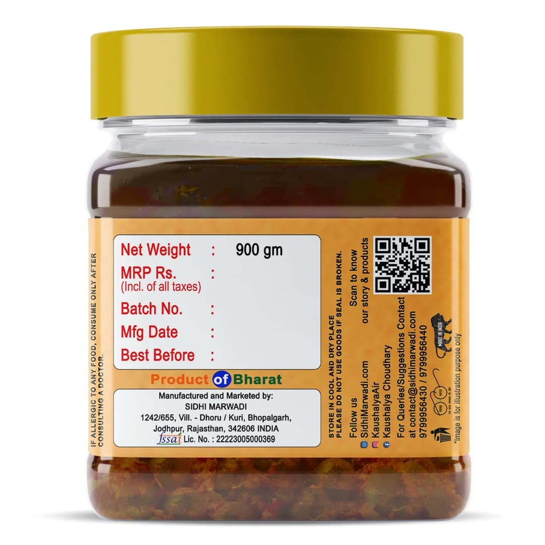 Rajasthani Ker Achar 900g jar fssai certificate manufactured by Sidhi Marwadi