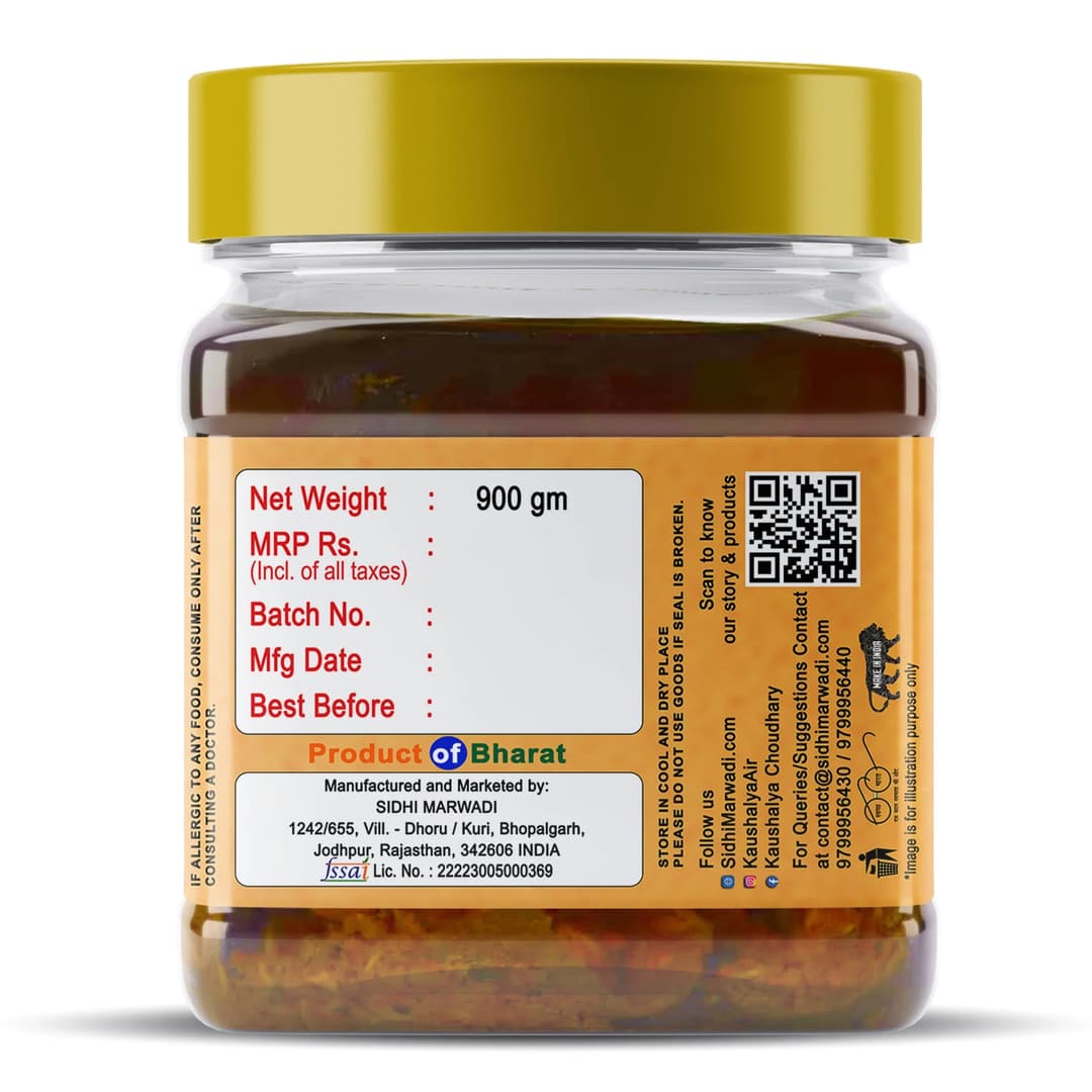 Rajasthani Lemon Pickle 900g jar fssai certificate manufactured by Sidhi Marwadi