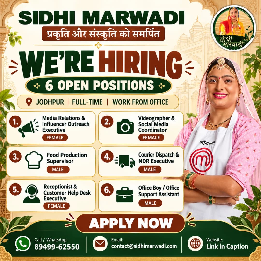 Sidhi Marwadi is hiring in Jodhpur, 6 open positions: Media Relations and Influencer Outreach Executive, Videographer and Social Media Coordinator, Food Production Supervisor, Courier Dispatch and NDR Executive, Receptionist and Customer Help Desk Executive, and Office Boy or Office Support Assistant