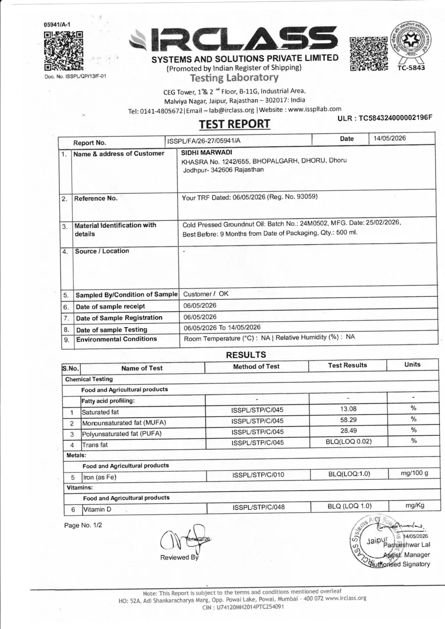 IRCLASS test report, page 1 — Cold Pressed Groundnut Oil 500 ml, batch 24M0502