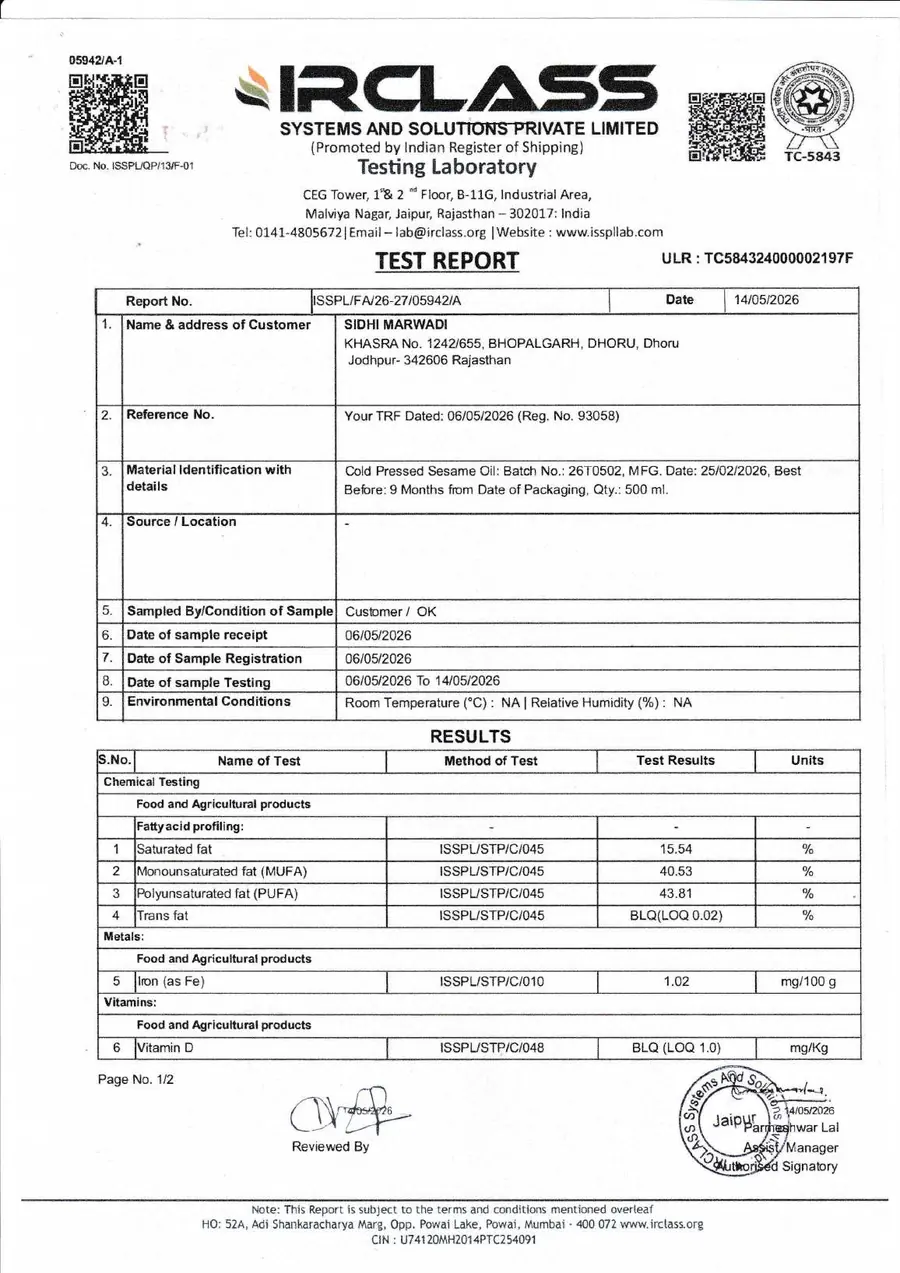 IRCLASS test report, page 1 — Cold Pressed Sesame Oil 500 ml, batch 26T0502