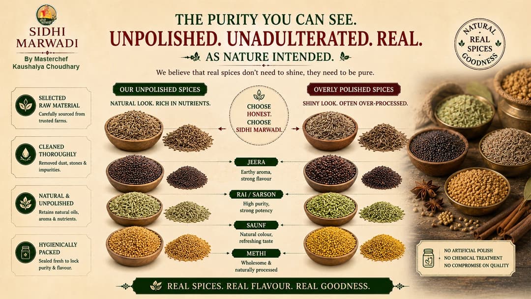 Unpolished whole spices quality guide by Sidhi Marwadi with natural jeera rai saunf methi and traditional Indian spices