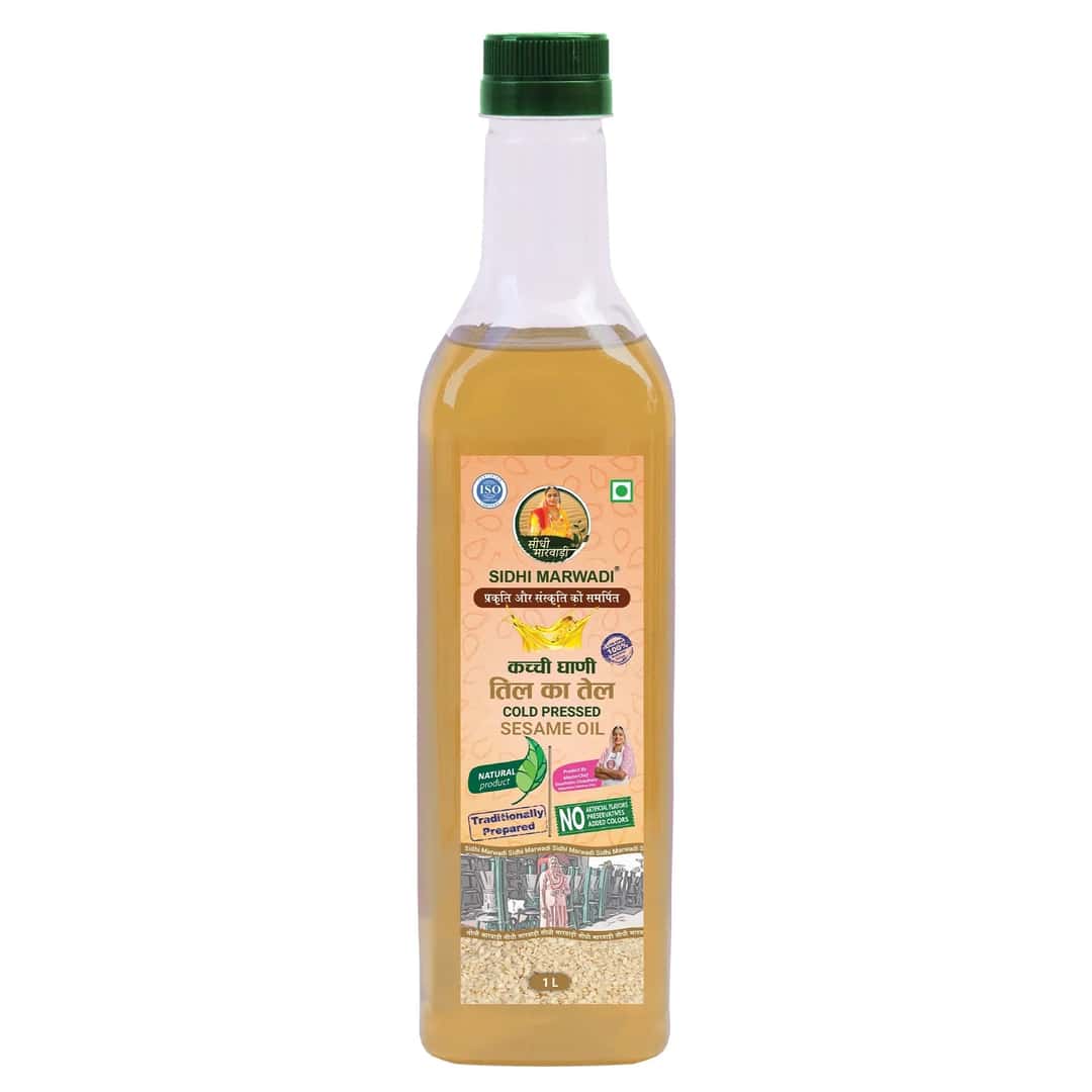 Kachchi Ghani Til Oil 1L bottle by Sidhi Marwadi