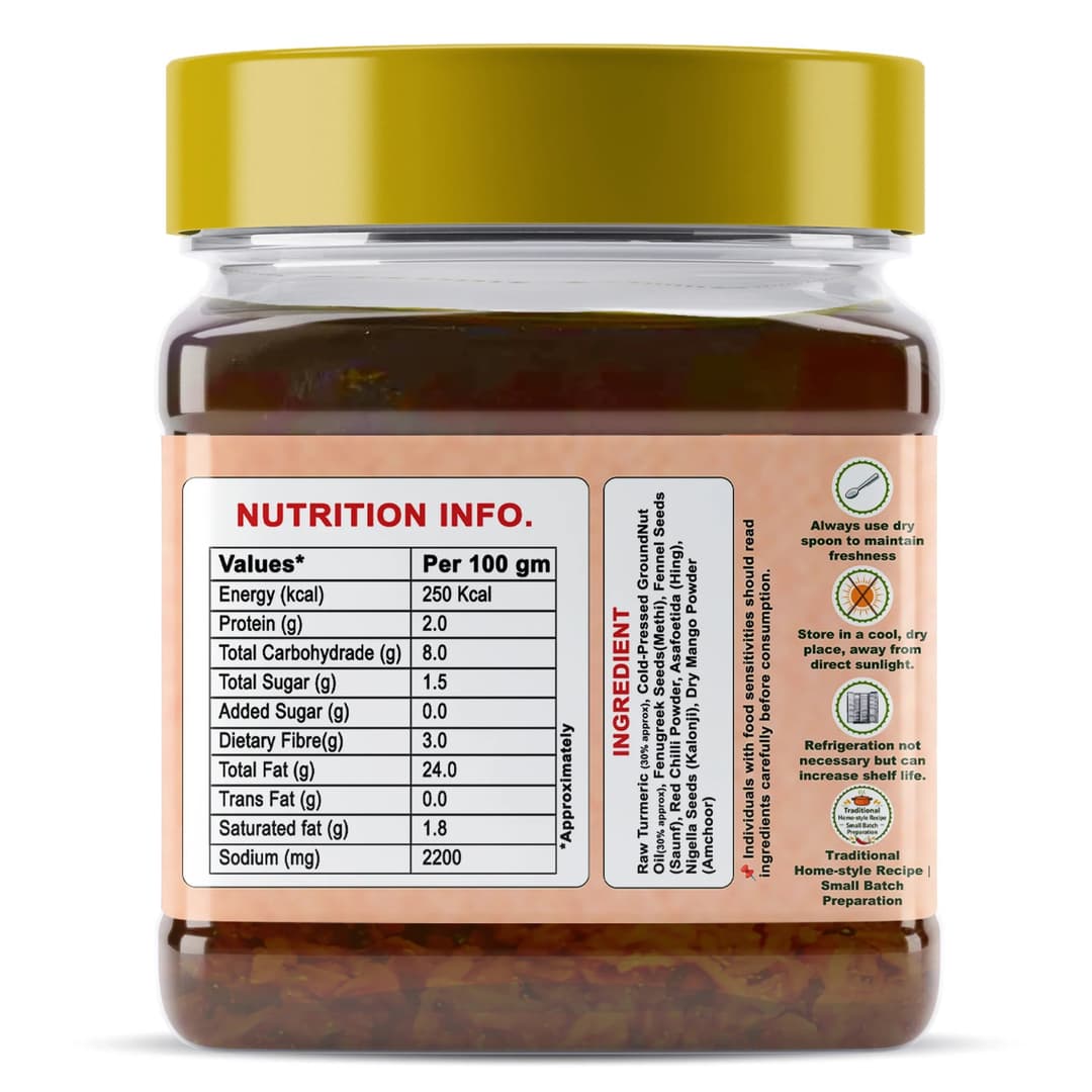 Rajasthani Turmeric Pickle 900g jar nutrition information label by Sidhi Marwadi