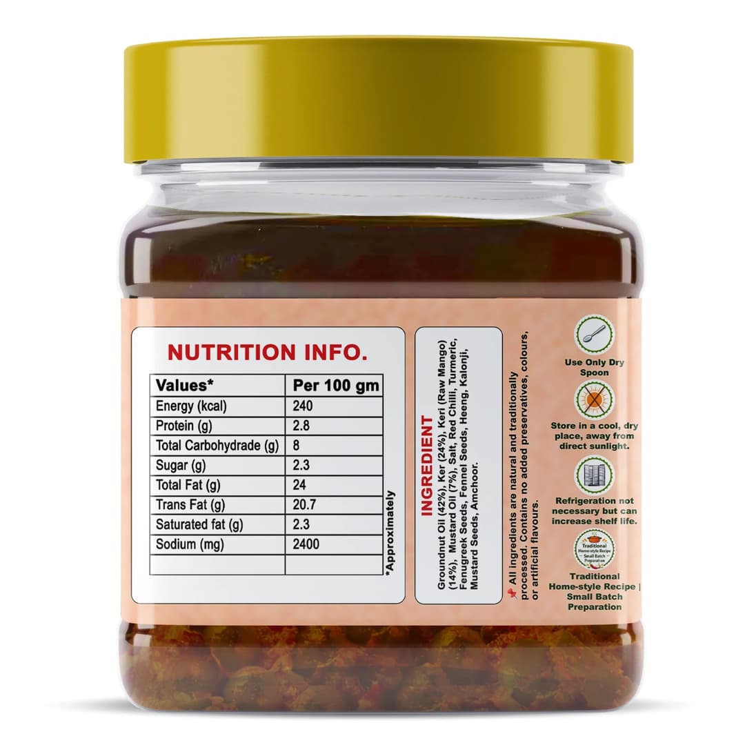 Rajasthani Ker Pickle 400g jar nutrition information label by Sidhi Marwadi