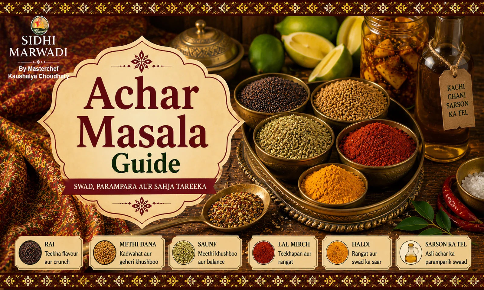 Achar masala ingredients guide with rai methi saunf lal mirch haldi and mustard oil by Sidhi Marwadi