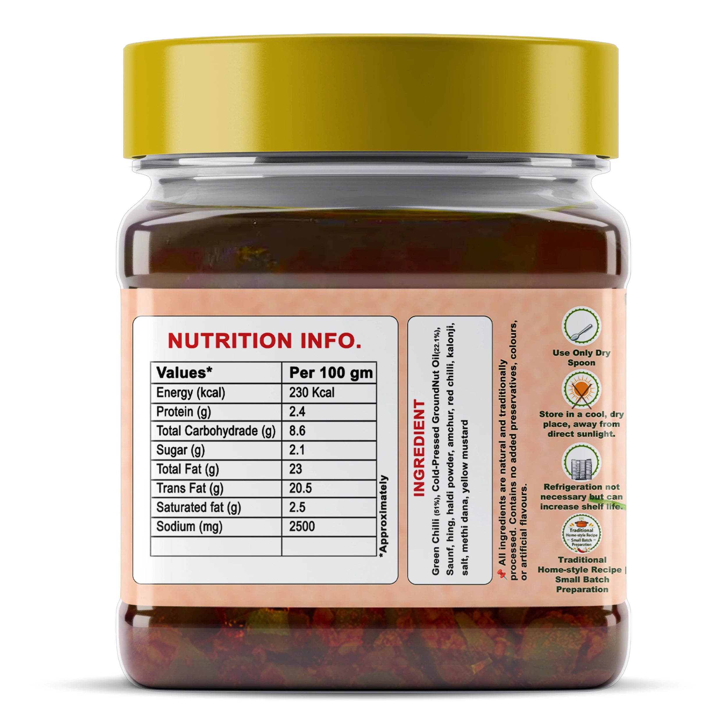 Sidhi Marwadi green chilli pickle 400g nutrition information label