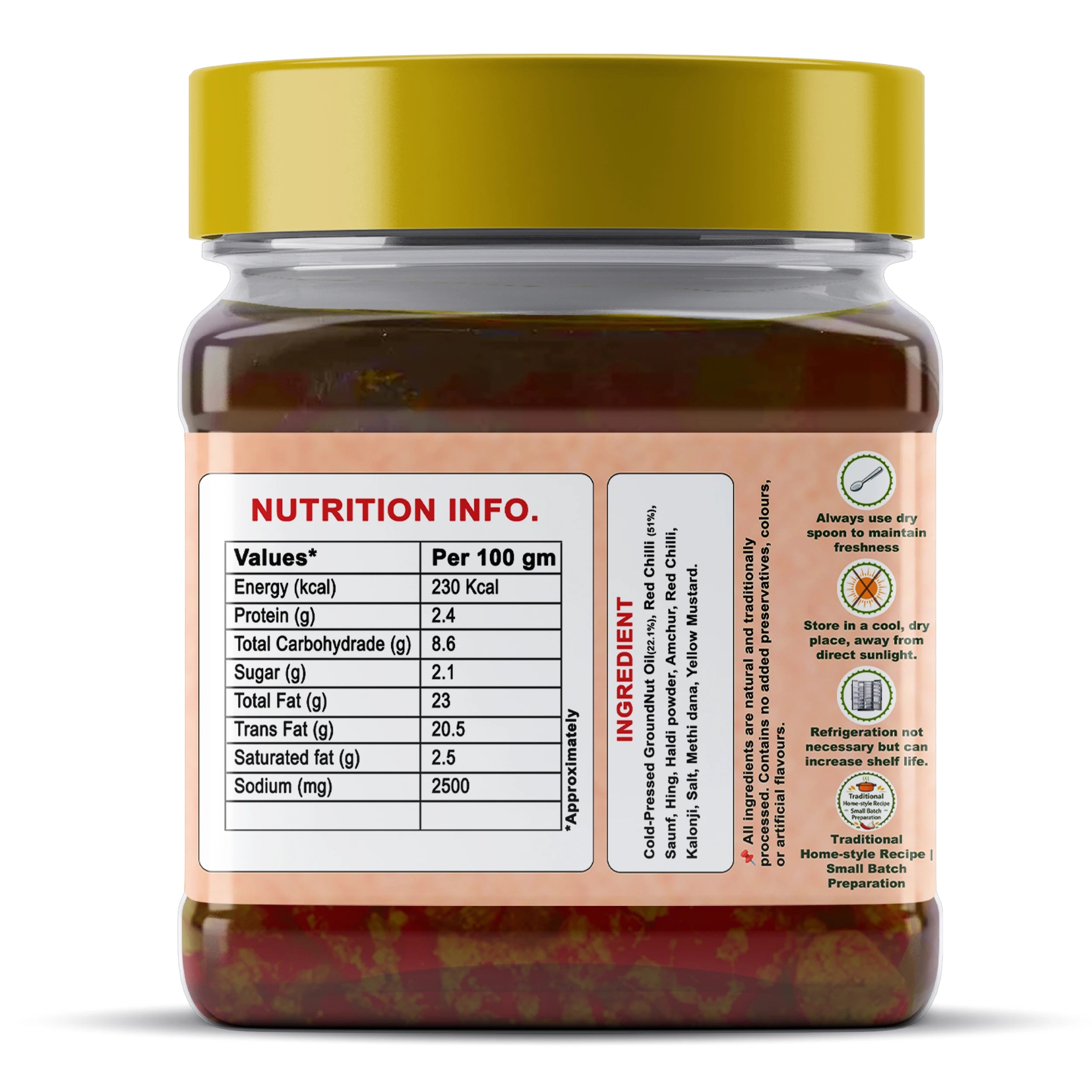 Sidhi Marwadi red chilli pickle 800g nutrition information label