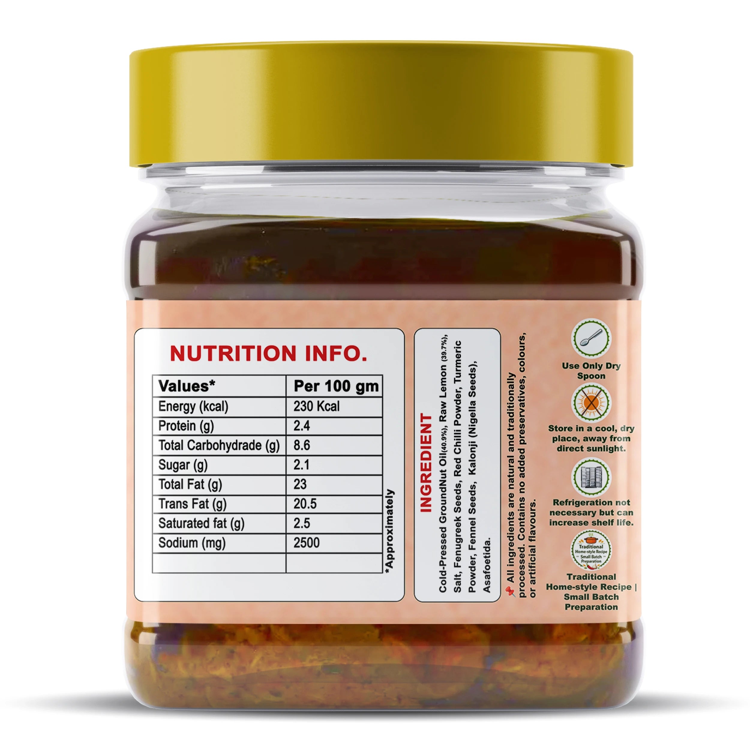 Sidhi Marwadi lemon pickle 400g nutrition information label